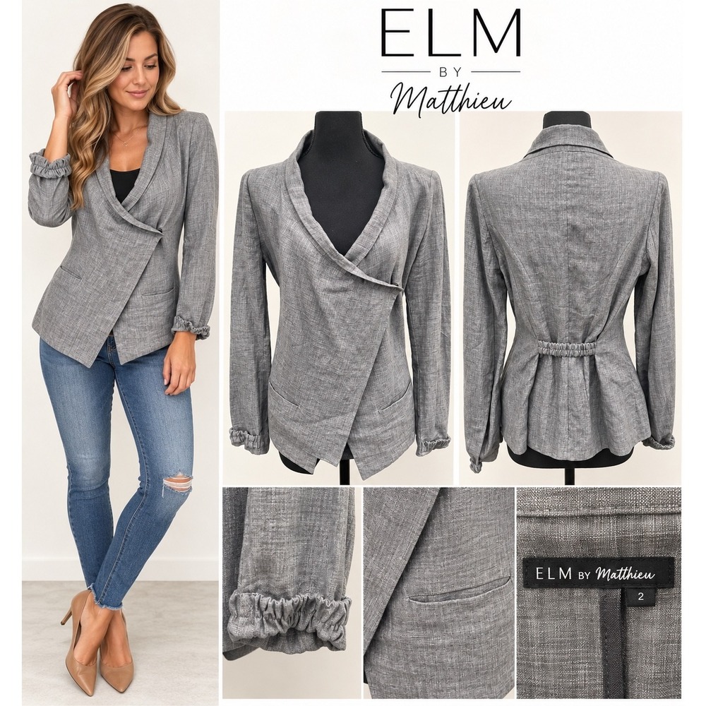 ELM by Matthieu Women's Blazer Size 2 Gray 100% Linen Asymmetrical Jacket